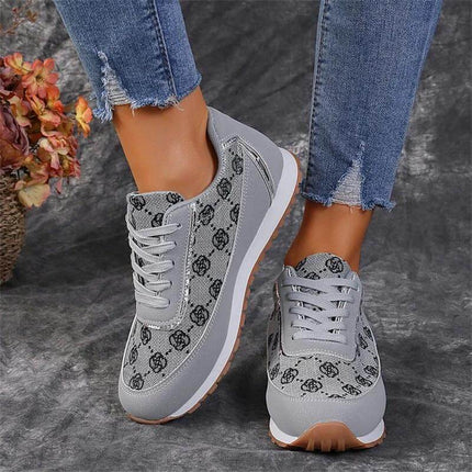 Flower Print Lace Up Sneakers For Everyday Casual Walking Flats in grey floral print low-top lace-up flats with cushioned rubber sole