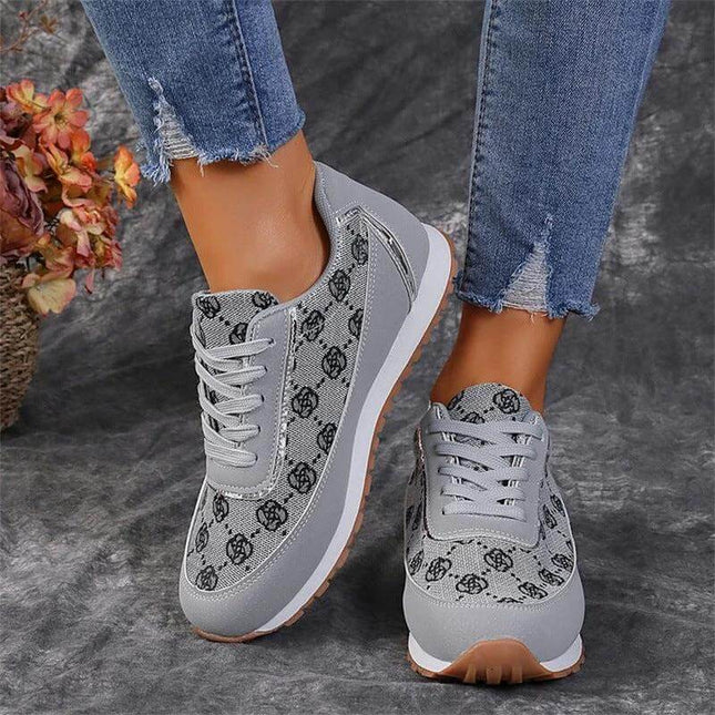Flower Print Lace Up Sneakers For Everyday Casual Walking Flats in grey floral print low-top lace-up flats with cushioned rubber sole