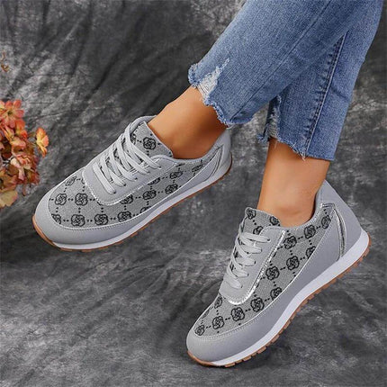 Flower Print Lace Up Sneakers For Everyday Casual Walking Flats - gray floral lace-up low-top walking flats with rubber shock-absorbing sole