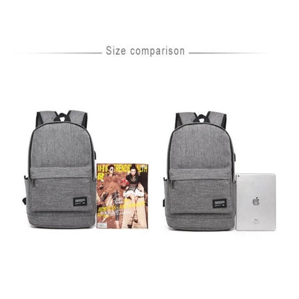 Laptop Backpack For 15.6 Inch And Under Everyday Use gray oxford cloth size comparison with magazine and tablet, USB charging port, school commute travel bag