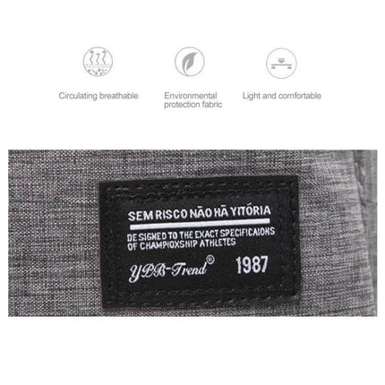 Laptop Backpack For 15.6 Inch And Under Everyday Use gray oxford fabric close-up with black brand patch and breathable fabric icons