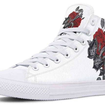Hand Printed High Top Canvas Shoes For Wide Fit Everyday Wear white high-top with red rose hand-printed design, wide-fit canvas sneaker for city walking