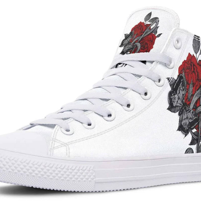 Hand Printed High Top Canvas Shoes For Wide Fit Everyday Wear white high-top with red rose hand-printed design, wide-fit canvas sneaker for city walking