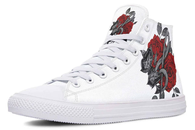 Hand Printed High Top Canvas Shoes For Wide Fit Everyday Wear white high-top with red rose hand-printed design, wide-fit canvas sneaker for city walking