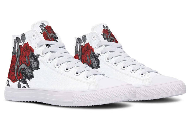 Hand Printed High Top Canvas Shoes For Wide Fit Everyday Wear featuring white high-top canvas with red rose hand-printed design, wide fit and cushioned footbed