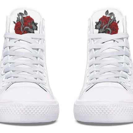 Hand Printed High Top Canvas Shoes For Wide Fit Everyday Wear - white hand-printed high-top canvas pair with red floral artwork, wide-fit casual sneakers