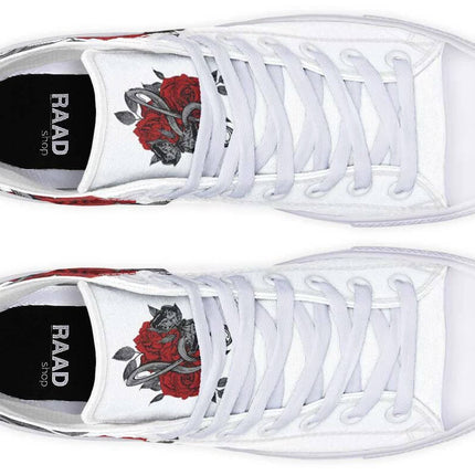 Hand Printed High Top Canvas Shoes For Wide Fit Everyday Wear - white hand-printed high-top canvas sneakers with red rose artwork, wide-fit cushioned casual shoes