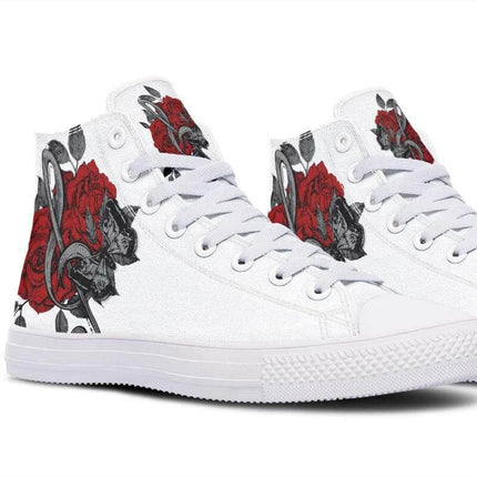 Hand Printed High Top Canvas Shoes For Wide Fit Everyday Wear - white high-top canvas sneakers with red rose hand-printed design and cushioned wide fit