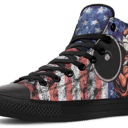 Hand Printed High Top Canvas Shoes For Wider Feet Everyday Wear - American flag and bulldog print black rubber sole, memory EVA footbed, wide fit