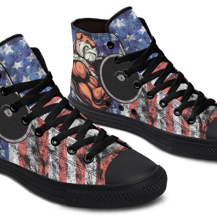 Hand Printed High Top Canvas Shoes For Wider Feet Everyday Wear - American flag and bulldog print, black rubber sole and memory EVA footbed