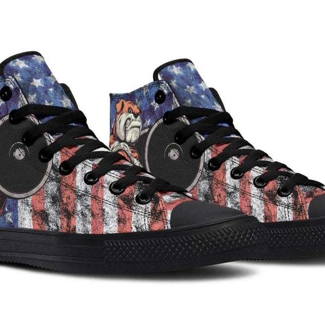 Hand Printed High Top Canvas Shoes For Wider Feet Everyday Wear - American flag bulldog print high-top canvas sneakers with memory EVA footbed