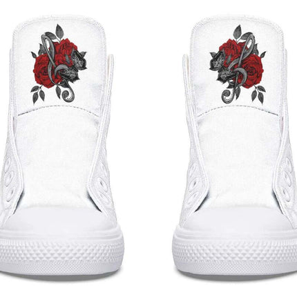 Hand Printed High Top Canvas Shoes For Wide Fit Everyday Wear - white hand-printed high-top sneaker with red rose artwork, roomy fit for city walking