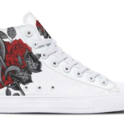 Hand Printed High Top Canvas Shoes For Wide Fit Everyday Wear - white high-top with red rose and snake hand-printed design, wide-fit canvas sneaker for city walking