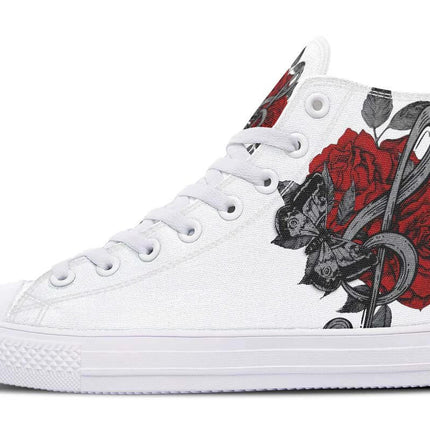 Hand Printed High Top Canvas Shoes For Wide Fit Everyday Wear white high-top with red rose and treble clef hand-printed design
