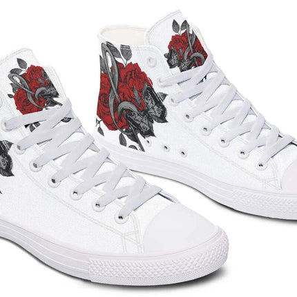 Hand Printed High Top Canvas Shoes For Wide Fit Everyday Wear - white high-top canvas sneakers with hand-printed red rose and skull artwork, wide-fit casual shoes