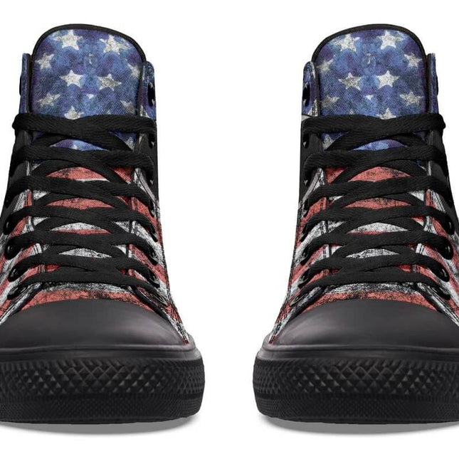 Hand Printed High Top Canvas Shoes For Wider Feet Everyday Wear - front view American flag print high-top canvas with memory EVA footbed
