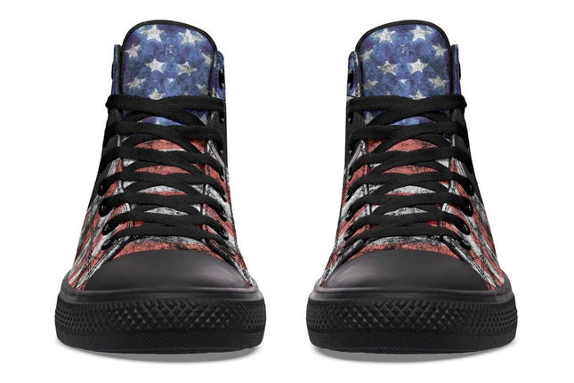 Hand Printed High Top Canvas Shoes For Wider Feet Everyday Wear - front view American flag print high-top canvas with memory EVA footbed
