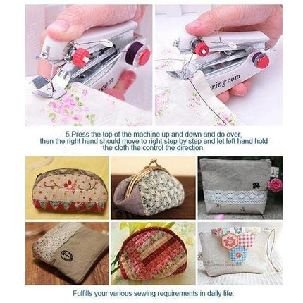 Handheld Mini Sewing Machine For Quick Hem Repairs On The Go in-use close-up showing compact device repairing floral fabric and finished small pouches