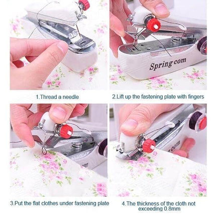 Handheld Mini Sewing Machine For Quick Hem Repairs On The Go, compact handheld device showing threading and hemming steps