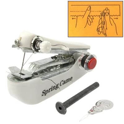 Handheld Mini Sewing Machine For Quick Hem Repairs On The Go compact white portable unit with needle, bobbin, and accessories for travel alterations