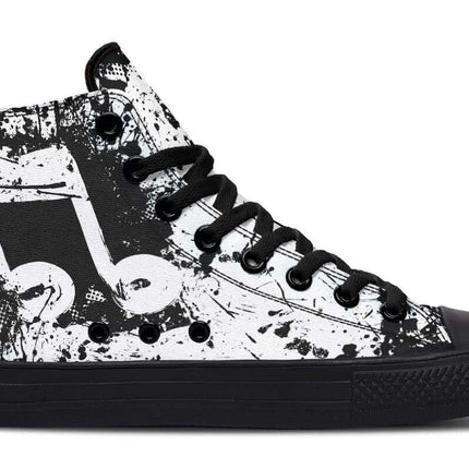 Handmade Color Printed High Top Canvas Shoes For Men And Women - black white music note print high-top with rubber toe cap and memory EVA footbed