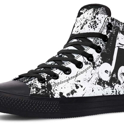 Handmade Color Printed High Top Canvas Shoes For Men And Women - black white music note printed high-top with rubber toe cap and EVA footbed