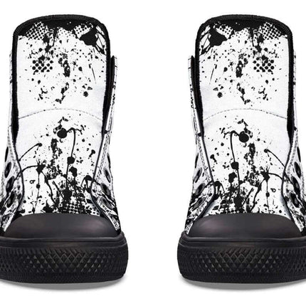 Handmade Color Printed High Top Canvas Shoes For Men And Women - front view white splatter graphic high-top with rubber toe cap and black outsole