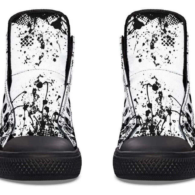 Handmade Color Printed High Top Canvas Shoes For Men And Women - front view white splatter graphic high-top with rubber toe cap and black outsole