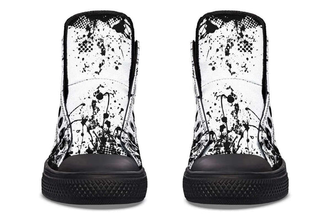 Handmade Color Printed High Top Canvas Shoes For Men And Women - front view white splatter graphic high-top with rubber toe cap and black outsole