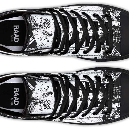 Handmade Color Printed High Top Canvas Shoes For Men And Women black white stamped graphic lace-up pair, rubber toe cap and memory EVA footbed