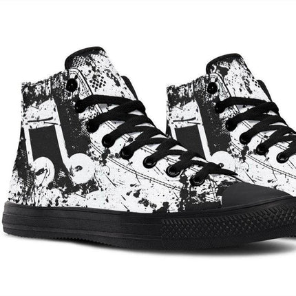 Handmade Color Printed High Top Canvas Shoes For Men And Women - black white splatter musical note high-top canvas with rubber toe cap and memory EVA footbed