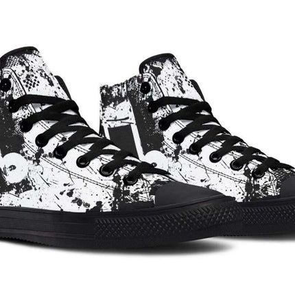Handmade Color Printed High Top Canvas Shoes For Men And Women - black white splatter stamped graphic high top canvas sneakers with rubber toe cap and memory EVA footbed