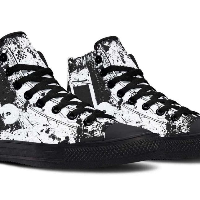 Handmade Color Printed High Top Canvas Shoes For Men And Women - black white splatter stamped graphic high top canvas sneakers with rubber toe cap and memory EVA footbed