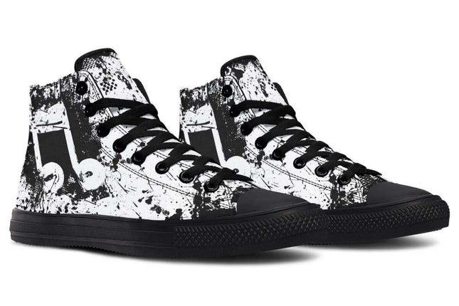 Handmade Color Printed High Top Canvas Shoes For Men And Women - black white splatter stamped graphic high top canvas sneakers with rubber toe cap and memory EVA footbed