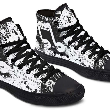 Handmade Color Printed High Top Canvas Shoes For Men And Women in black white music-note graphic high-top with rubber toe cap and memory EVA footbed