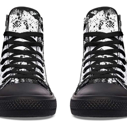Handmade Color Printed High Top Canvas Shoes For Men And Women - black white splatter print high-top pair with rubber toe cap and lace-up closure