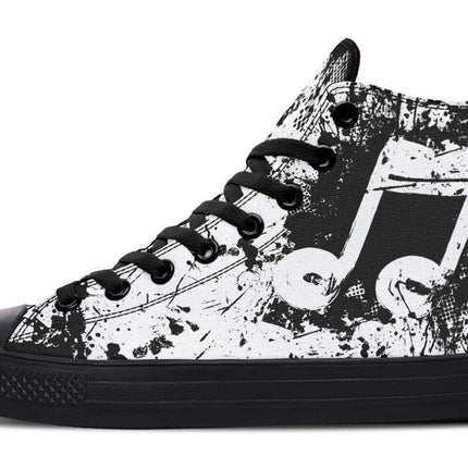 Handmade Color Printed High Top Canvas Shoes For Men And Women - black white music note printed high-top with rubber toe cap and memory EVA footbed