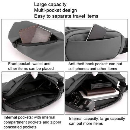 HAOSHUAI Waist Bag for Outdoor Running and Everyday Phone Carry Black - black nylon multi-pocket waist bag showing front, back anti-theft and internal compartments
