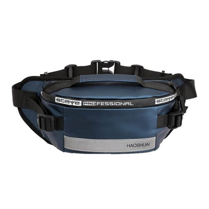 HAOSHUAI Outdoor Running Waist Bag With Reflective Strip in navy nylon with multiple pockets, adjustable strap and front reflective strip