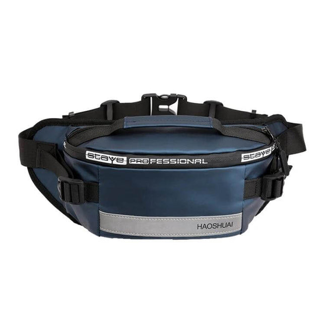 HAOSHUAI Outdoor Running Waist Bag With Reflective Strip in navy nylon with multiple pockets, adjustable strap and front reflective strip