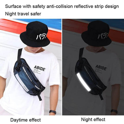 HAOSHUAI Outdoor Running Waist Bag With Reflective Strip shown worn crossbody on model, daytime and night effect highlighting reflective safety strip