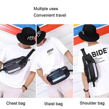 HAOSHUAI Outdoor Running Waist Bag With Reflective Strip shown worn as chest bag, waist bag, and shoulder bag for running and travel
