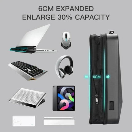 Hard Shell Expandable Backpack With USB Charging Hole, Black - 6cm expanded capacity, rigid PC shell protects 17.3-inch laptop and devices