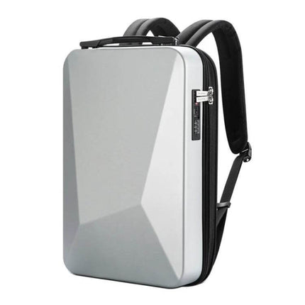 Hard Shell Expandable Backpack With USB Charging Hole, Black — rigid silver-front backpack with carbon fiber reinforced PC shell, 17.3" laptop protection
