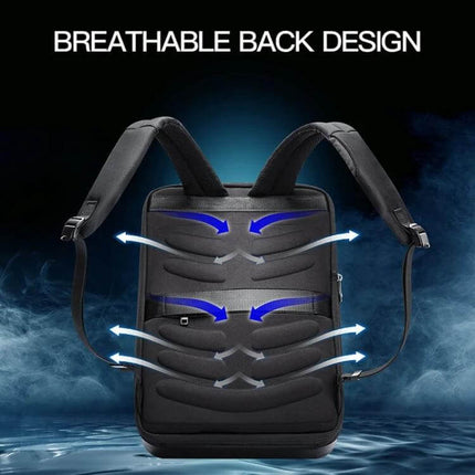 Hard Shell Expandable Backpack With USB Charging Hole, Black — rear breathable back design with padded airflow channels and adjustable shoulder straps