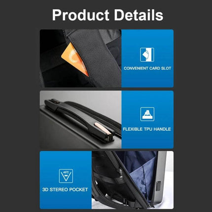 Hard Shell Expandable Backpack With USB Charging Hole, Black showing card slot, flexible TPU handle and 3D stereo pocket features