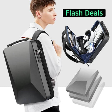 Hard Shell Expandable Backpack With USB Charging Hole, Black – rigid PC shell with carbon fiber reinforcement protecting 17.3-inch laptop, organized interior