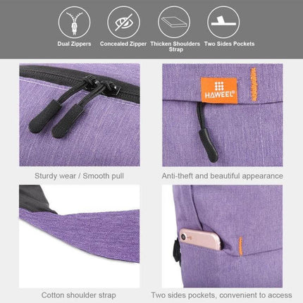 HAWEEL 10L Chest Pack For Everyday Use And Travel purple water-resistant chest bag showing zippers, concealed pocket, shoulder strap, and side pocket