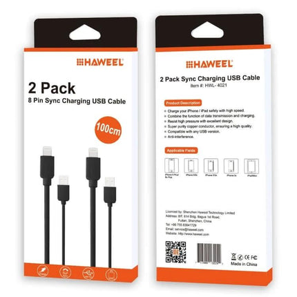 HAWEEL 2 Pack 1m Lightning Charging And Sync Cable Kit - 2-pack 1m Lightning to USB-A charging and sync cables in retail packaging