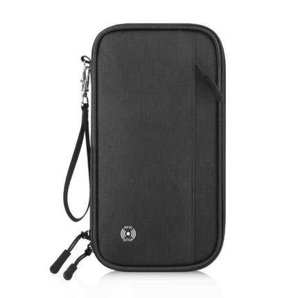 HAWEEL Clutch Bag Passport Wallet For Travel Documents And Cards compact black RFID travel wallet with wrist strap, metal zipper and water-resistant fabric